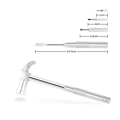 YOUMI 6 in 1 Silver Hammer & Screwdriver Tool Multitool Set Claw Hammer with Anti-Slip Grip Handle Slotted/Flat Head Phillips Screwdriver Nail Puller Best Gift for Family Friends Colleagues - color: Silver