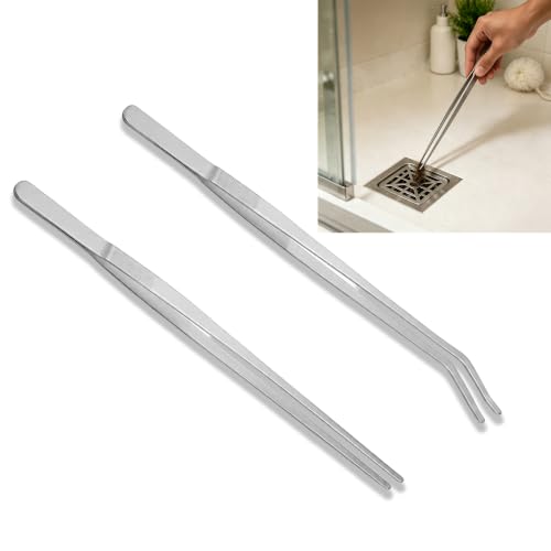 2PCS Long Tweezers for Sink Drain - 10.6 Inch Drain Hair Removal Tool with Straight & Curved Tips, Stainless Steel Grabber for Bathroom Shower Drain Kitchen Sink Clog Cleaner, Remove Hair & Debris