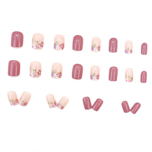 Brown Flower Oval False Nails - Summer Real Short Nude Fake Nails with Cute Daisy Designs, Glossy Finish - 24pc Kit