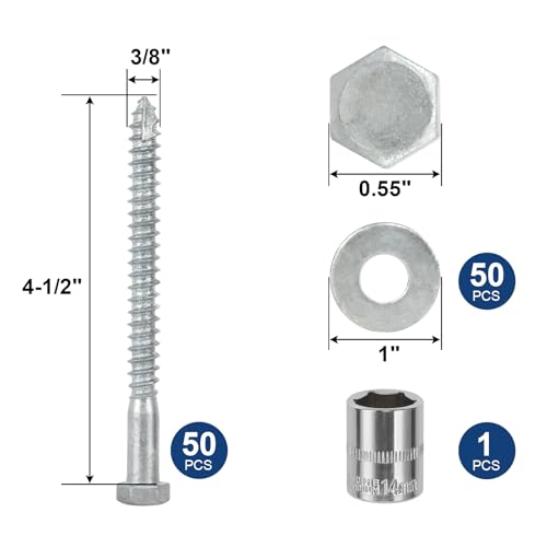 3/8" x 4-1/2" Lag Screws Bolts with Washers(50Pcs) - size: 3/8x4-1/2in