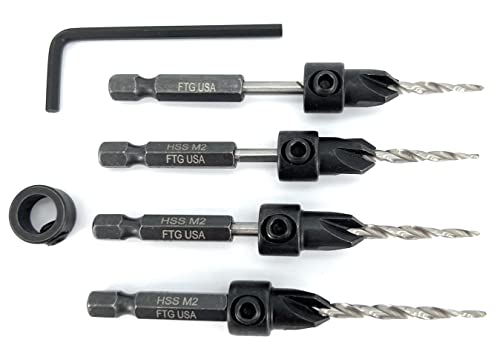 FTG USA #6 (9/64") Wood Countersink Drill Bit 4-Pc Set with 3/8" Depth Stop - size: #6, style: 4 Pc with Depth Stop