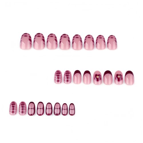 Short Oval Press On Nails, Burgundy Blossom French Tips - color: 40-Ruby Petal Kiss
