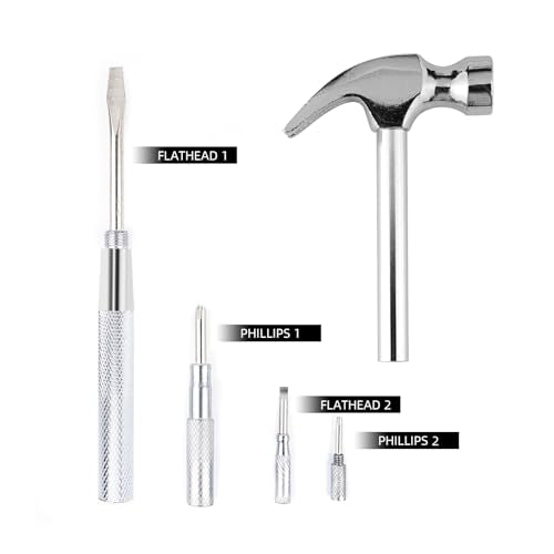 6-in-1 mini multifunctional metal hammer and screwdriver hand tool for opening walnuts, including cross and flat screwdrivers, home repair tools, and camping hammer set (Silver) - color: Silver