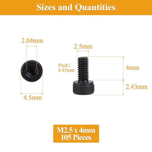 105 Pieces M2.5 x 4mm Socket Head Cap Screws, Thread Pitch 0.45mm, Sutemribor M2.5 Black Screws, 12.9 Grade Alloy Steel, Black Oxide Finish, Fully Threaded - size: M2.5 x 4mm, style: Socket Head