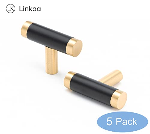 Linkaa 5 Pack 丨Kitchen Cabinet Knobs Handles Gold Drawer Pulls with Black Planting,Single Hole Drawer Knobs for Kitchen Cabinet Dresser Knobs Black (5 Pack，Knob，Solid Brass) - size: Knob