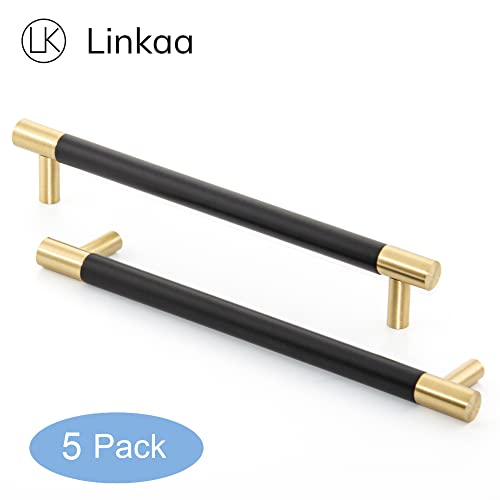 Linkaa Solid Brass Kitchen Cabinet Handles Pulls Gold Drawer Pulls with Black Plating,Dresser Knobs Black for Cupboard Bedroom (7.5 inch,5 Pack (192 mm) - size: 192 mm