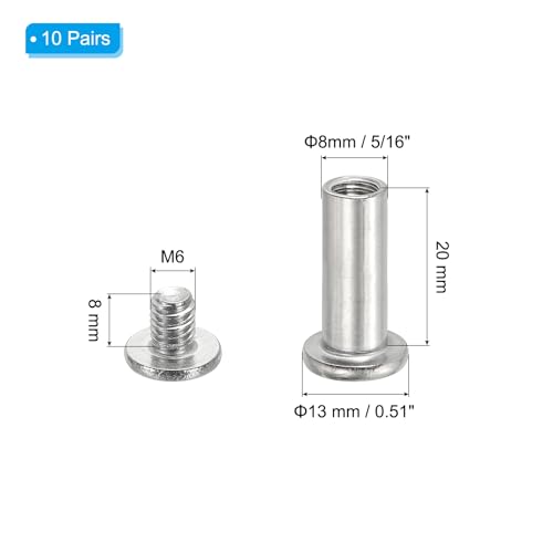 PATIKIL Hex Chicago Screws, 10 Sets Binding Screw Posts M6 x 20 mm Connecting Hex Drive Socket Cap Bolt Nuts for Scrapbook Leather Belt Album Photo Furniture Repair, Silver - size: M6 x 20