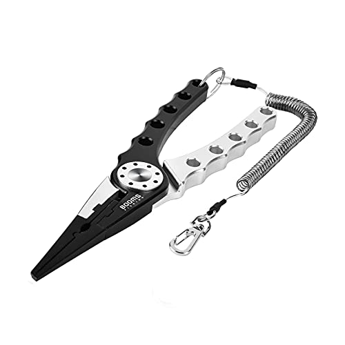 Booms Fishing X1 Aluminum Fishing Pliers Saltwater, Surf Fishing Tackle Kit, Fishing Multitool Hook Remover Braided Fishing Line Cutting and Split Ring with Coiled Lanyard and Sheath - color: Black&silver