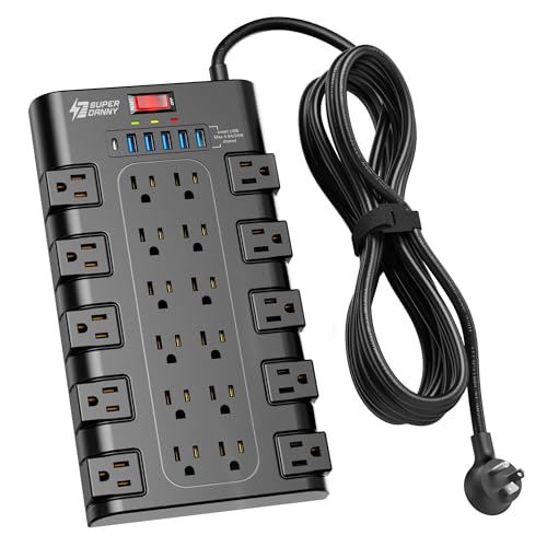 SUPERDANNY Power Strip Surge Protector, 22 AC 6 USB, 2100J, 15Ft, 1875W/15A - color: Black, size: 15 ft