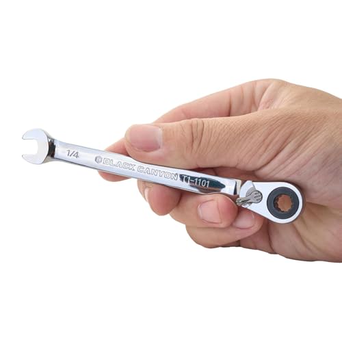BLACK CANYON 1/4 Inch Ratchet Combination Wrench, 12-Point Box End & Hex Opening, Polished Steel Ratcheting Wrench with SAE & Metric Sizes - size: 1/4 Inch, style: Inch