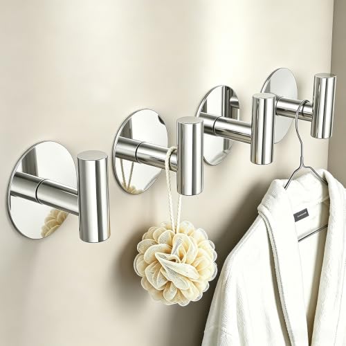 Heavy Duty Adhesive Hooks, Stainless Steel Towel Hooks for Bags, Towels, Robes, Hats, Aprons – No Drill Bathroom, Kitchen, Hotel Wall Hooks (Chrome, 4 Pack) - color: Chrome, size: Adhesive "T" Shape- 4 Pack