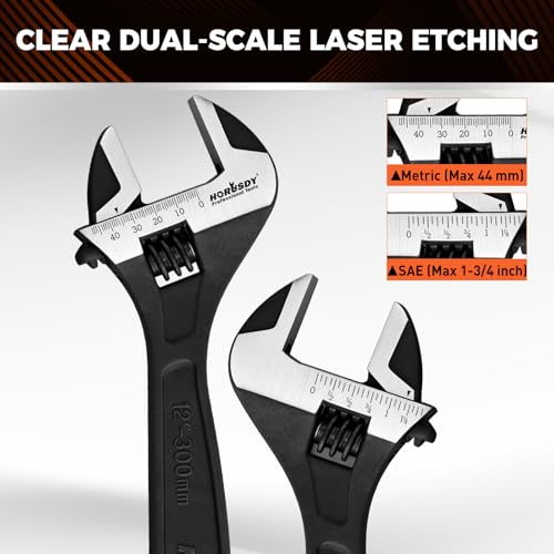 HORUSDY 4-Piece Adjustable Wrench Set With 4-Piece Magnetic Wrench Organizer Racks, 6" 8" 10" Wide Jaw Black Oxide Wrenches with Tool Roll Pouch, Metric&SAE Scales, CR-V Steel for Home Garage Workshop - style: 4PC Wide Jaw Set (6" 8" 10" 12") +4PC Magneti