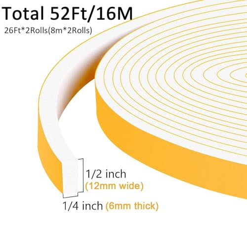 Weather Stripping, Foam Tape, 52Ft Bulk Pack, Whole House Sealing - color: White, size: 1/2 In x 1/4 In x 52Ft