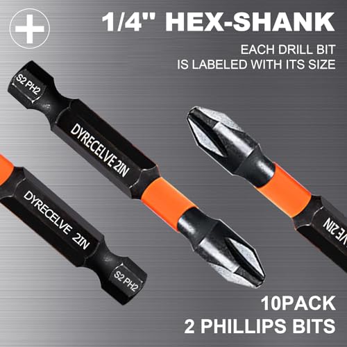DYRECELVE 10-Piece Phillips Bits #2 Impact, 2-Inch Screwdriver Bits Set - color: 2'' Ph2 10-pcs