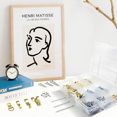 308Pcs Picture Hanging Kit, Hanging Hardware with Hooks, D Ring, Nails, Wire Wall Hanging Kits with Magnetic Level, Small Pink Claw Hammer for Hanging Pictures Frame Painting Home Office Wall Decor