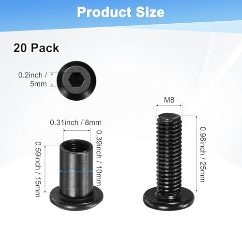 M METERXITY 20-Pack Hex Drive Socket Cap Bolt, M8 x 25mm Carbon Steel Furniture Connector Bolts Barrel Nuts for Furniture Assembly/Cabinet/DIY Binding Post Screws Rivet Fasteners [Black] - size: M8 x 25mm