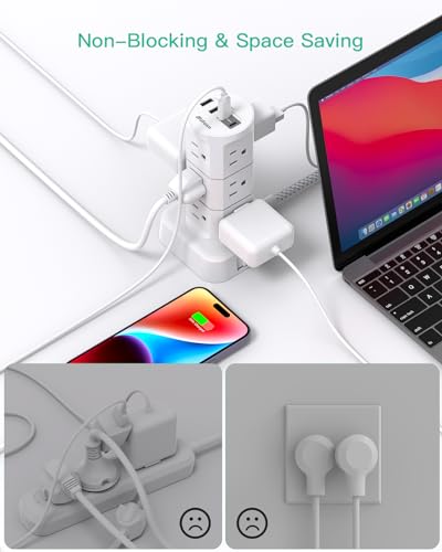 Power Strips with Surge Protection, Flat Plug Power Strip Tower - color: White, size: 6 FT