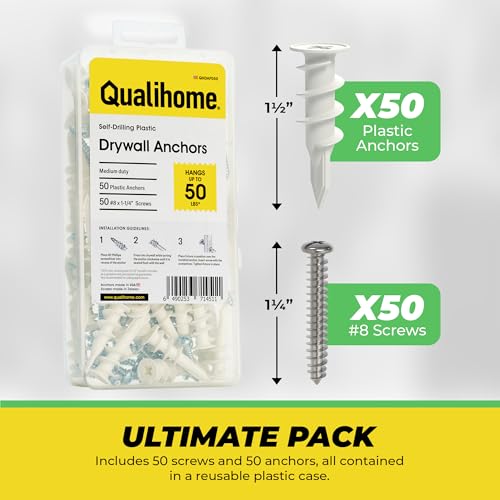 Qualihome Heavy Duty Plastic Self Drilling Drywall Anchors and Screws Kit | Includes 50 Drywall Anchors, 50#8 1-1/4 Inch Screws & Reusable Storage Case - style: 50 Pack