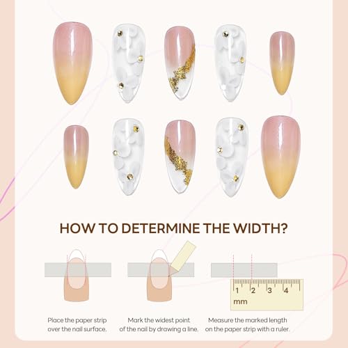 3D Press on Nails Almond - Medium French Tip Fake Nails with Embossed Flower&Gold Bead Designs, Glossy Finish Reusable False Nails for Women Manicure(3D Embossed design 21） - color: 3D Embossed design 21