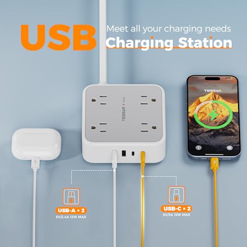 TESSAN Surge Protector Power Strip with 900J Surge Protection, 5 Ft, Grey - color: Grey with 2 USB C/A, size: 5 feet