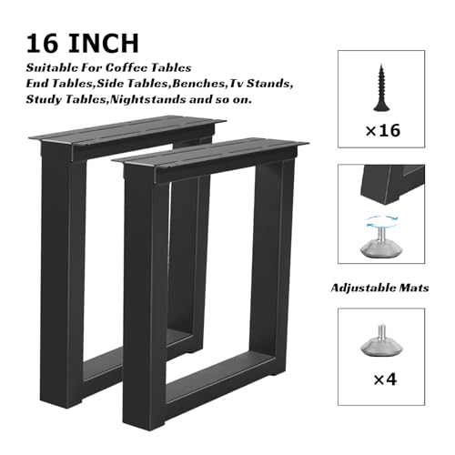 16 Inch Metal Bench Coffee Table Legs, Heavy Duty Desk/Chair Legs,Black Metal End Furniture Legs with Adjustable Protector Feet (H16” x W11.8”, Set of 2) - size: 16 '' Square
