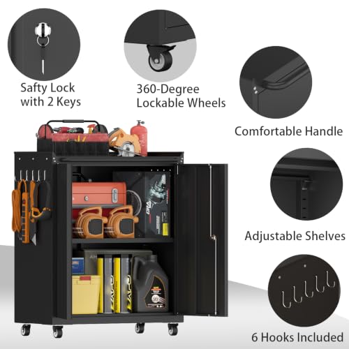 Metal Garage Storage Cabinet with Wheels, Lockable Rolling Tool Cabinet - color: Black, size: 26" W × 14" D × 31.88" H