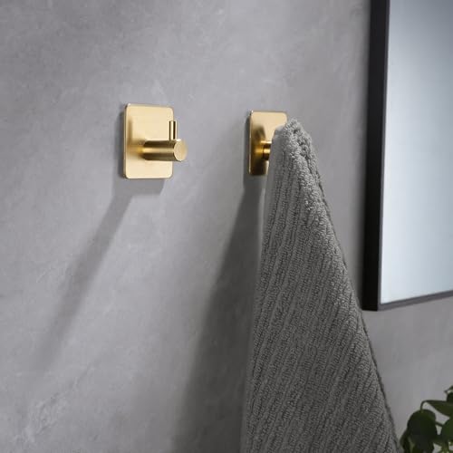 YIGII Adhesive Hooks, 4 Pack Stainless Steel Towel Hooks Heavy Duty, Sticky Wall Hook for Hanging Robe, Coat, Clothes, Waterproof (Gold) - color: Brushed Gold