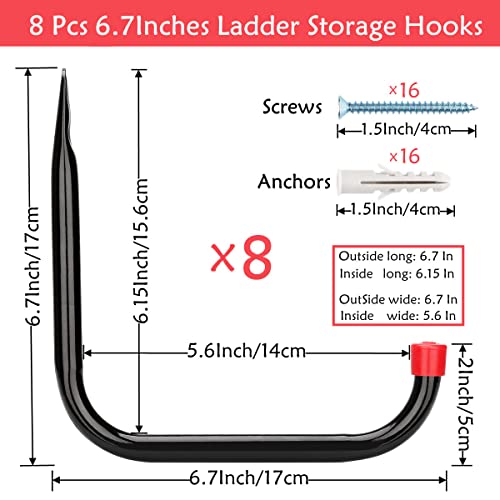 8 Pack Heavy Duty Garage Storage Utility Hooks, 6.7Inch Wall Hangers Ladder Hooks for Garden Tool, Bike, Chair, Hose, Outdoor or Indoor 6.7 x 6.7 x 0.5 inches - size: 6.7inch