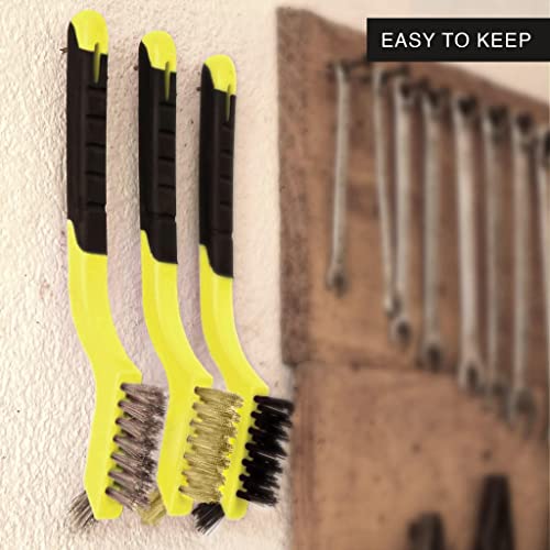 Lavaxon Wire Brush Set 3Pcs - Nylon/Brass/Stainless Steel Bristles with Curved Handle Grip for Rust, Dirt & Paint Scrubbing with Deep Cleaning – 7 Inches (Yellow) - color: Yellow