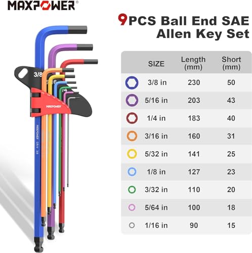 MAXPOWER Allen Wrenches Sets, 27-Piece Allen Key Wrench Set Includes SAE (1/6-3/8"), Metric (1.5-10mm), Torx (T10-T50), Extra Long Arm Ball & Torx End Hex Key Set with T-Handle - size: 27-piece