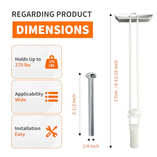 Heavy Duty Drywall Anchor Bolts Kit – 1/4"-20 with Included Bolts, Holds 270lbs Each in 1/2" Drywall, Ideal for TV Mounting & Shelves, Hollow Wall Anchors, 12 Packs