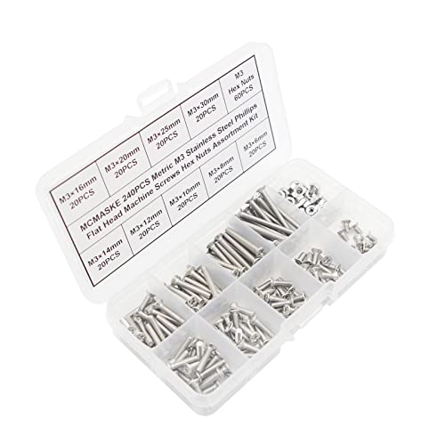 240PCS M3 Stainless Steel Phillips Flat Head Machine Screws Hex Nuts Assortment Kit - size: M3