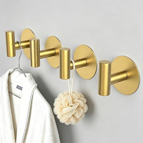 Gold Stainless Steel Wall Hooks, Heavy Duty Self-Adhesive Hooks for Coats, Towels, Robes, Hats, Aprons – No Drill Bathroom, Kitchen, Hotel (4 Pack) - color: Gold, size: Adhesive "T" Shape- 4 Pack