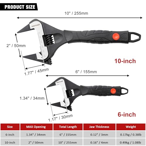 MAXPOWER Slim Adjustable Wrench Set, 6" & 10" Wide Jaw Opening, Dual Scale With Metric and SAE Plumbing Wrenches, Deep Jaw With Soft Grip Handle - size: 6" 10"