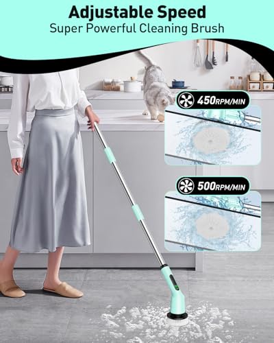 Electric Spin Scrubber for Bathroom, Shower Scrubber with Long Handle - color: Mint Green, size: 8 Brush Heads