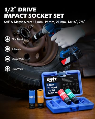 OMT 1/2" Drive Lug Nut Socket Set, Metric And SAE Wheel Socket Set, 5pc - size: 17 19 21 mm & 13/16 7/8 inch, style: Standard