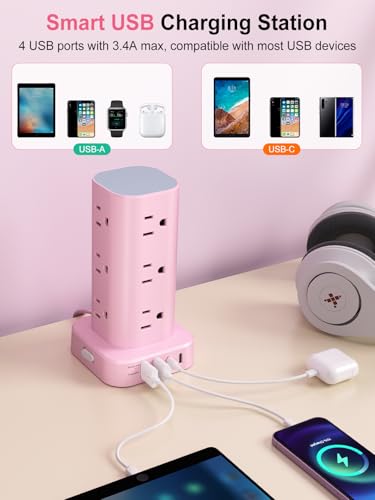6FT Power Strip Tower Surge Protector, 12 Wide Spaced Outlets, 4 USB - color: Pink, size: 6FT without Wireless Charging
