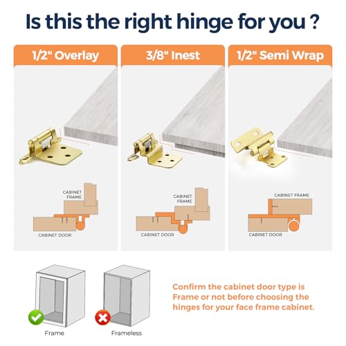 Gold Cabinet Hinges, 1/2 Inch Overlay, 10 Pack(5 Pairs) | Self-Closing Design, Semi-Concealed Face Frame Fit, Surface Mount, For Kitchen Doors, Cabinets, Hardware Updates - color: Gold