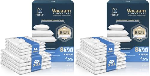 16 Pack Vacuum Storage Bags – 4 XXL & 4 Jumbo Vacuum Seal Bags for Blankets, Comforters, Clothing & Bedding - Space Saver Compression Bags - size: 8 Variety - 4Jumbo + 4XXL (Pack of 2)