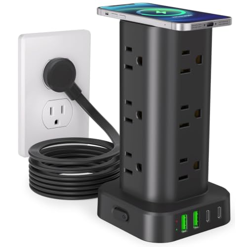 Power Strip Tower with Wireless Charger,Surge Protector with 12 Outlets - color: Black, size: 10FT with Wireless Charging