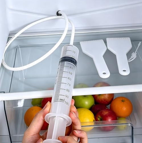 5 PCS Refrigerator Drain Hole Cleaning Kit, Fridge Drain Clog Remover Tool Set with Brush, Syringe, Hose, Ice Scraper & Plunger, Reusable Flexible Tube Cleaner