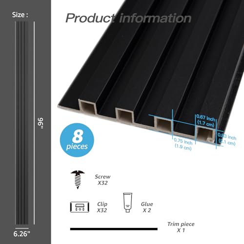 Art3d 96 x 6 Inch WPC Wood Diffuser Slat Wall Panel, 8-Pack, Matte Black - color: Matte Black, size: 96*6