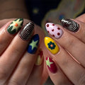 Short Almond Press On Nails Colorful with Y2K Star Swirl Polka Dot Flowers - color: Style27