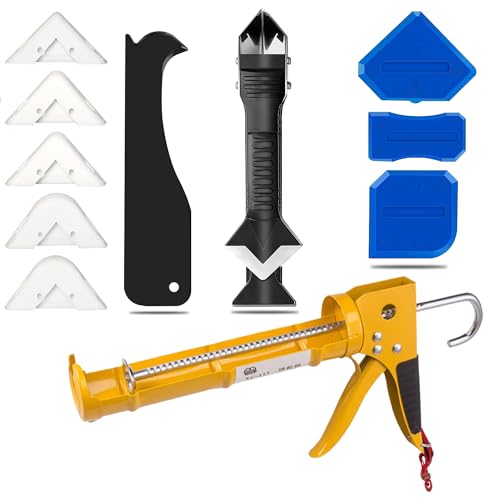 Caulk Gun Kit for 10oz Caulk Tubes – Silicone Caulking Gun, Caulk Remover, Sealant Finishing Tool & Grout Scraper – 10:1 Thrust Ratio for Precision Home and Outdoor Repairs