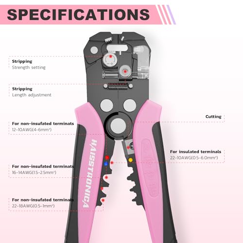 haisstronica 3 in 1 Pink Self-Adjusting Wire Stripper, AWG 24-10 Tool