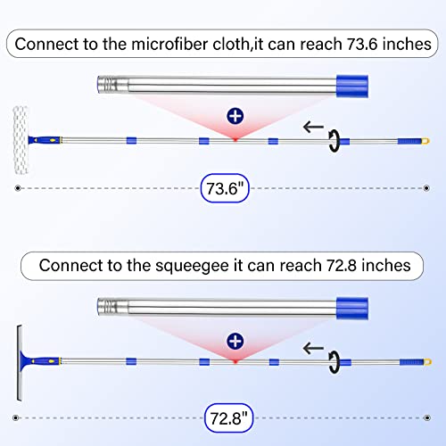 ITTAR Window Squeegee with 2 Sets Separate Pole, 12" Rubber Squeegee and 11" Microfiber Pads, 60"-73.6" Telescopic Window Cleaning Kit with Rotating Head for High Windows, Shower Glass, Car Windshield - color: White&blue