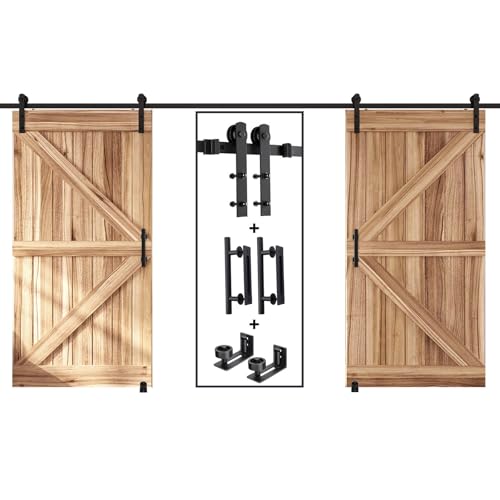 EaseLife 14 FT Double Sliding Barn Door Track and Handle Hardware Kit,Straight Pulley,Slide Smoothly Quietly,Easy Install (14FT Track Kit for 40"~42" Wide Double Door) - size: 14 FT-Double Door Kit