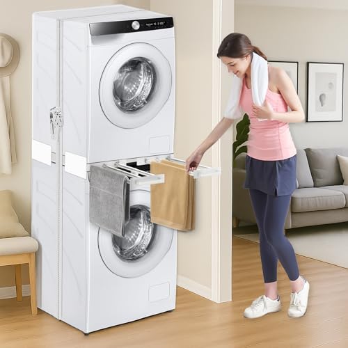 Washer Dryer Stacking Kit - Adjustable Design Fits Most Washers & Dryers | Adjustable 24" - 29" - Universal Stacking Kit with Pull-Out Drying Rack for Laundry Room - Space-Saving - style: Stacking Kit with 6 Tube Racks