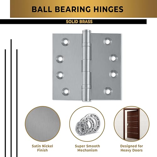 Solid Brass Door Hinge Heavy Duty Ball Bearing Matte Silver 4x4 Inch - Set of 2 Hinges (Satin Nickel) - color: Satin Nickel