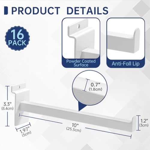 16 Pack Heavy Duty Tube Slatwall Shelf Brackets, Metal Tubular Slat Wall Brackets with Lip, Slatwall Accessories for Garage, Retail, and Home Storage - size: 10 Inch, style: White